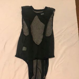 Small black blouse, see through material delicate open twist back high low shirt